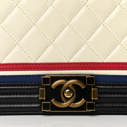 Chanel Calfskin Quilted Crest Embellished Medium Boy Flap Black White Blue 8 of 11
