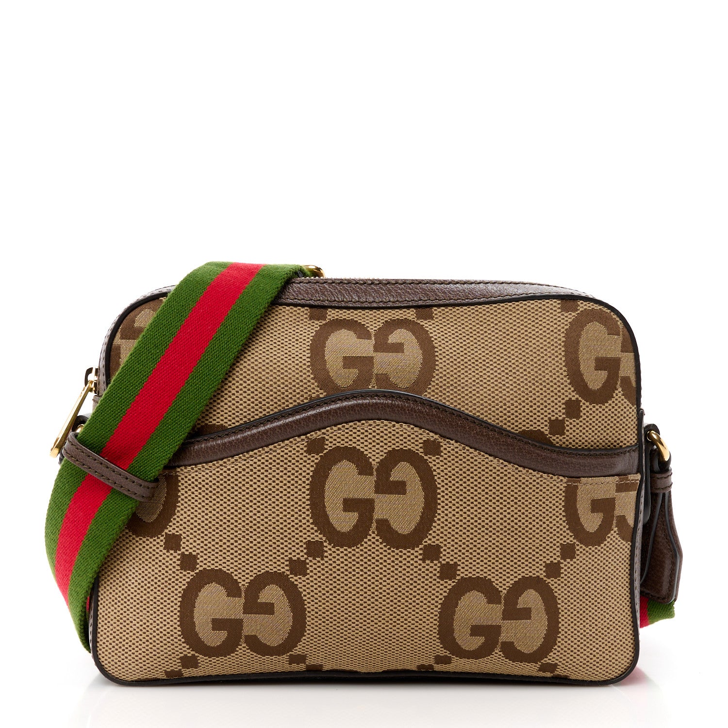 Gucci Monogram Jumbo GG Textured Dollar Calfskin Web Messenger Shoulder Bag Camel Ebony New Acero 1 of 10