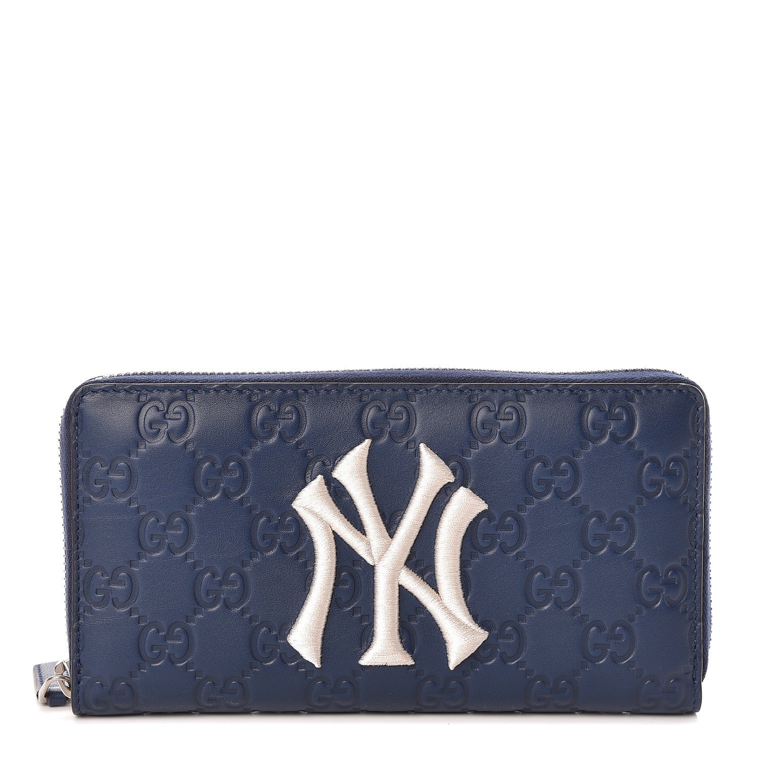 Gucci X MLB Guccissima Signature NY Yankees Embroidered Zip Around Wallet Royale Ivory 1 of 9
