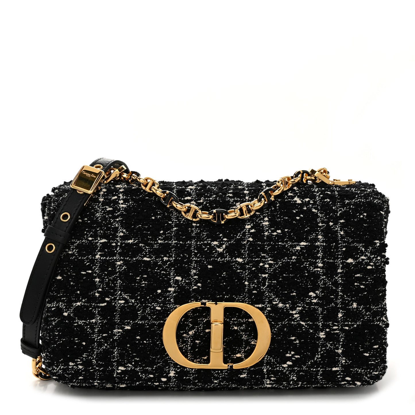 Calfskin Tweed Embroidered Cannage Medium Caro Bag Black White