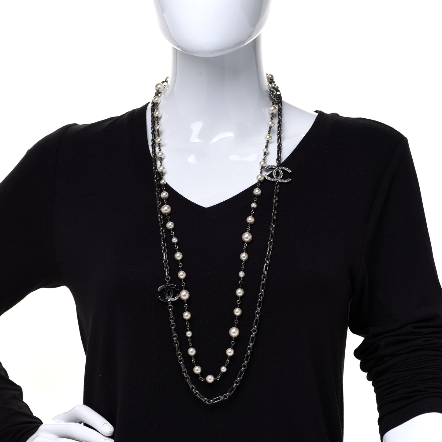 Graduated Pearl Crystal Multi Strand CC Long Necklace Silver