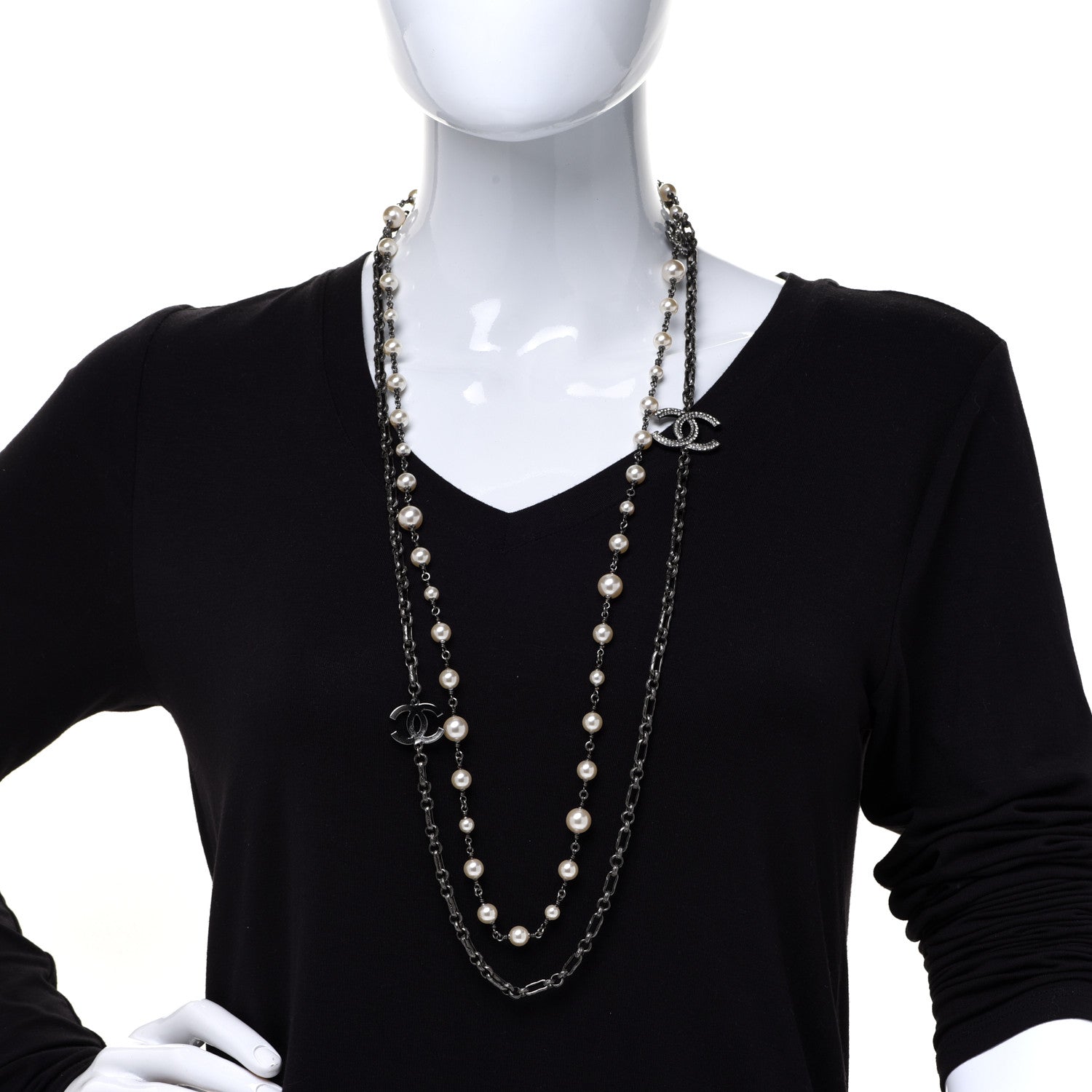 Chanel Graduated Pearl Crystal Multi Strand CC Long Necklace Silver 2 of 5