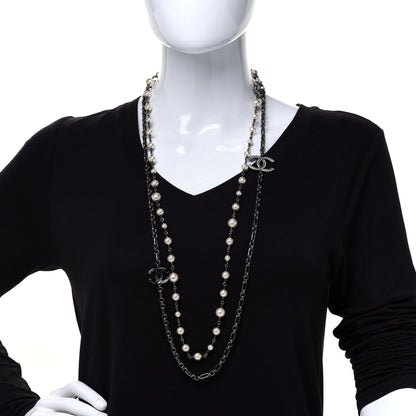 Chanel Graduated Pearl Crystal Multi Strand CC Long Necklace Silver 2 of 5