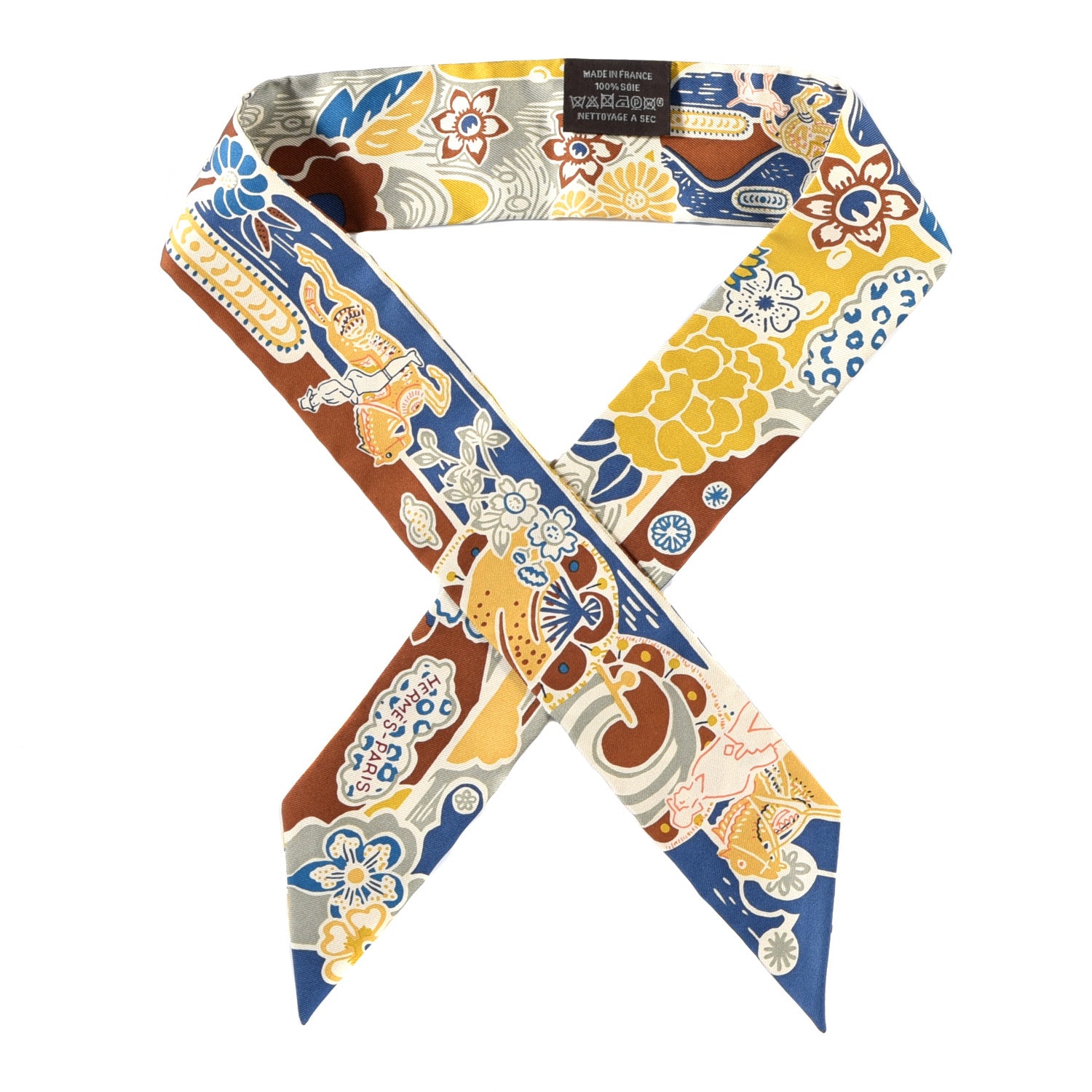 Hermes Silk Bingata Twilly Moutarde Bleu Brun 1 of 4