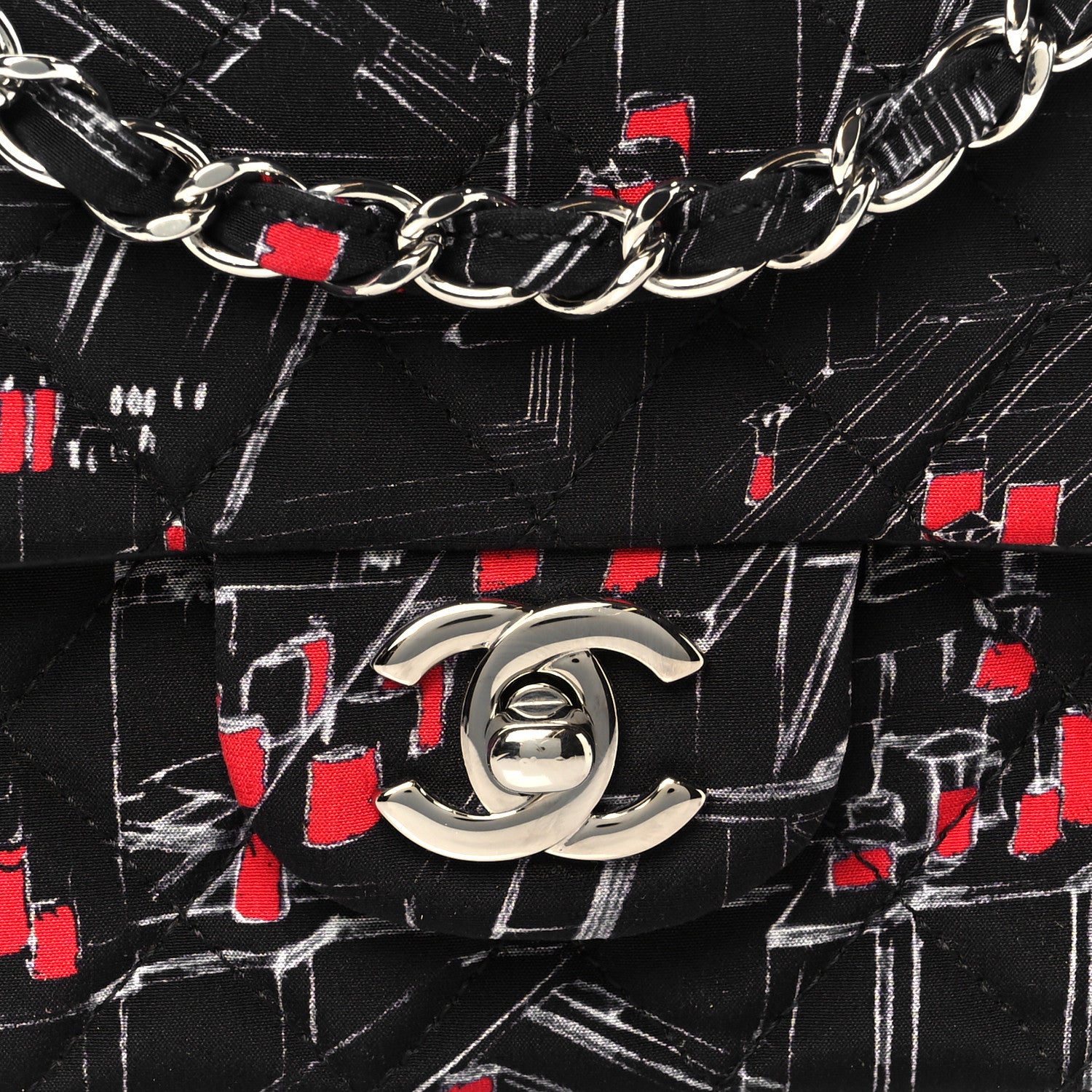 Chanel Fabric Printed Paris Rooftops Quilted Mini Rectangular Flap Black Red White 9 of 11