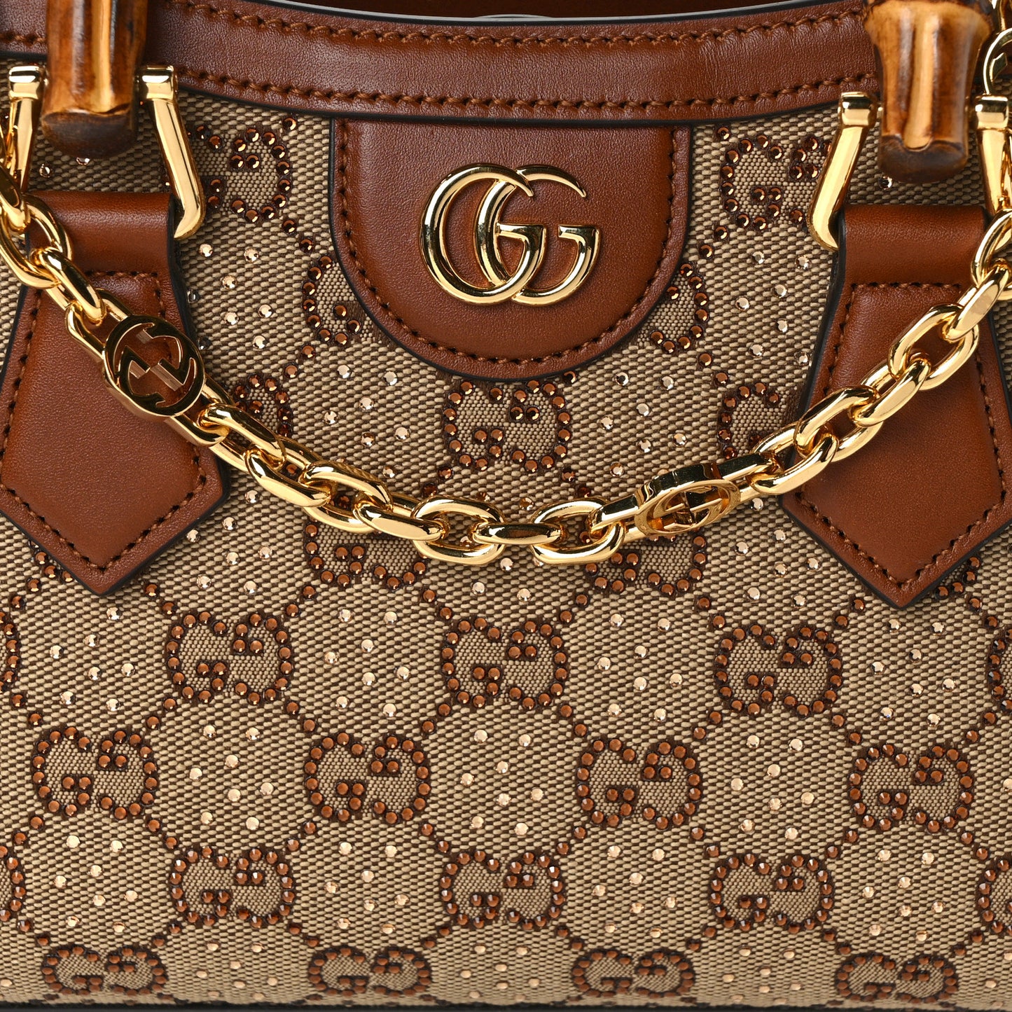 New Canvas Charisma Calfskin Crystal GG Monogram Mini Diana Tote Bag Camel Ebony