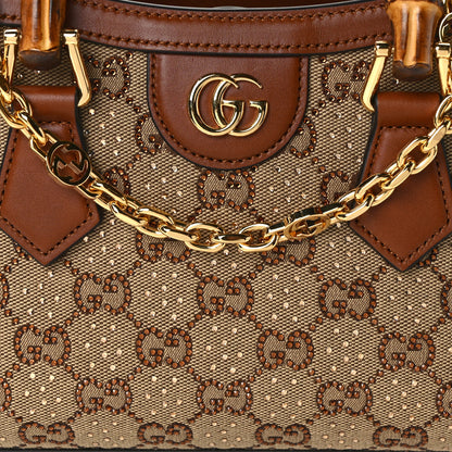 Gucci New Canvas Charisma Calfskin Crystal GG Monogram Mini Diana Tote Bag Camel Ebony 7 of 11