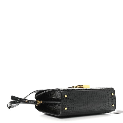 Saint Laurent Calfskin Crocodile Embossed Mini Classic Monogram Cassandra Top Handle Black 3 of 7