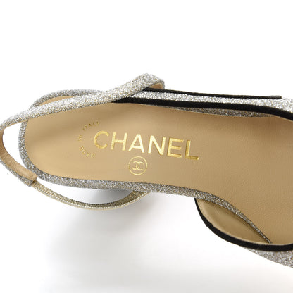 Chanel Glitter Grosgrain Cap Toe CC Slingback Pumps 36 Silver Black 7 of 9