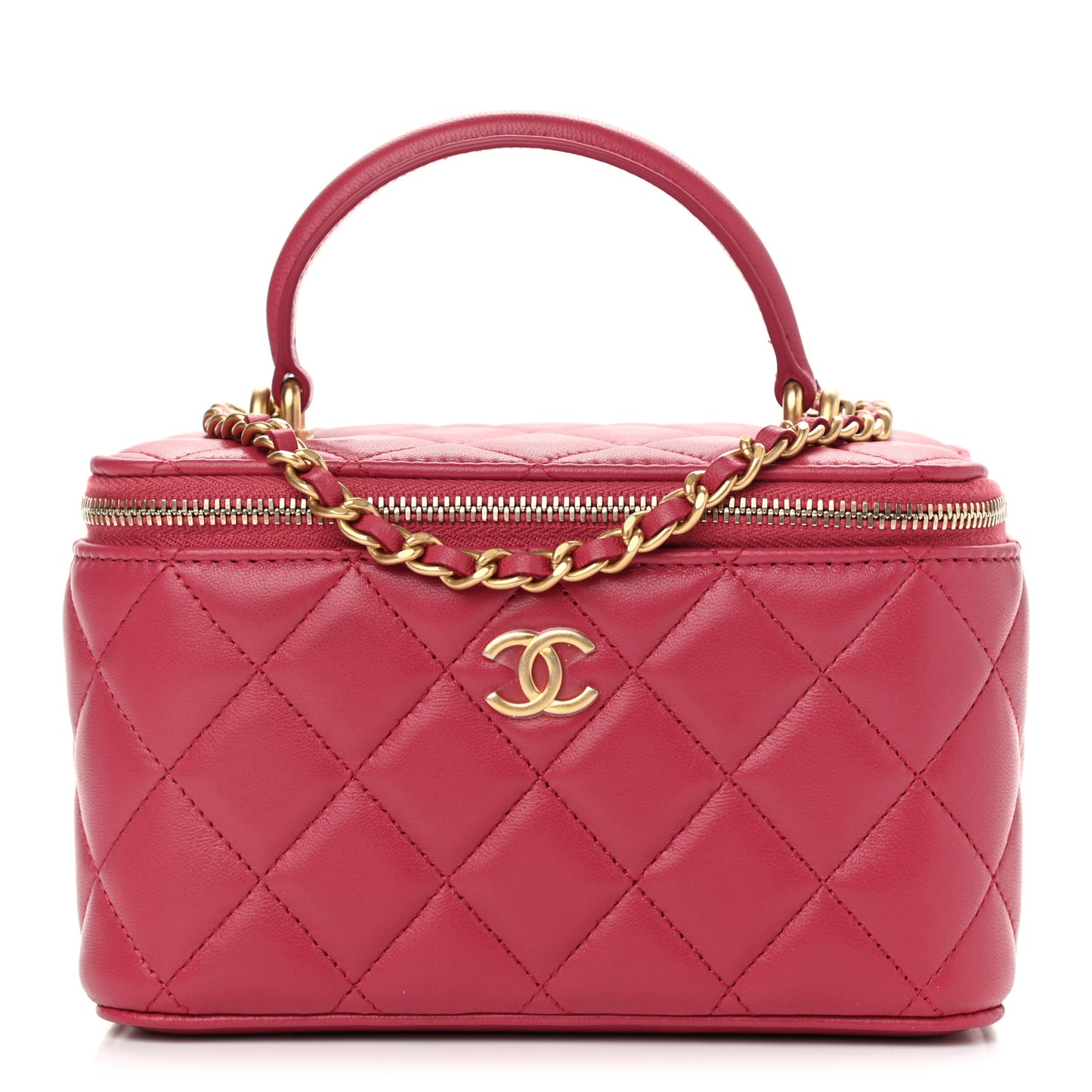 Lambskin Quilted Small Top Handle Vanity Case With Chain Dark Pink