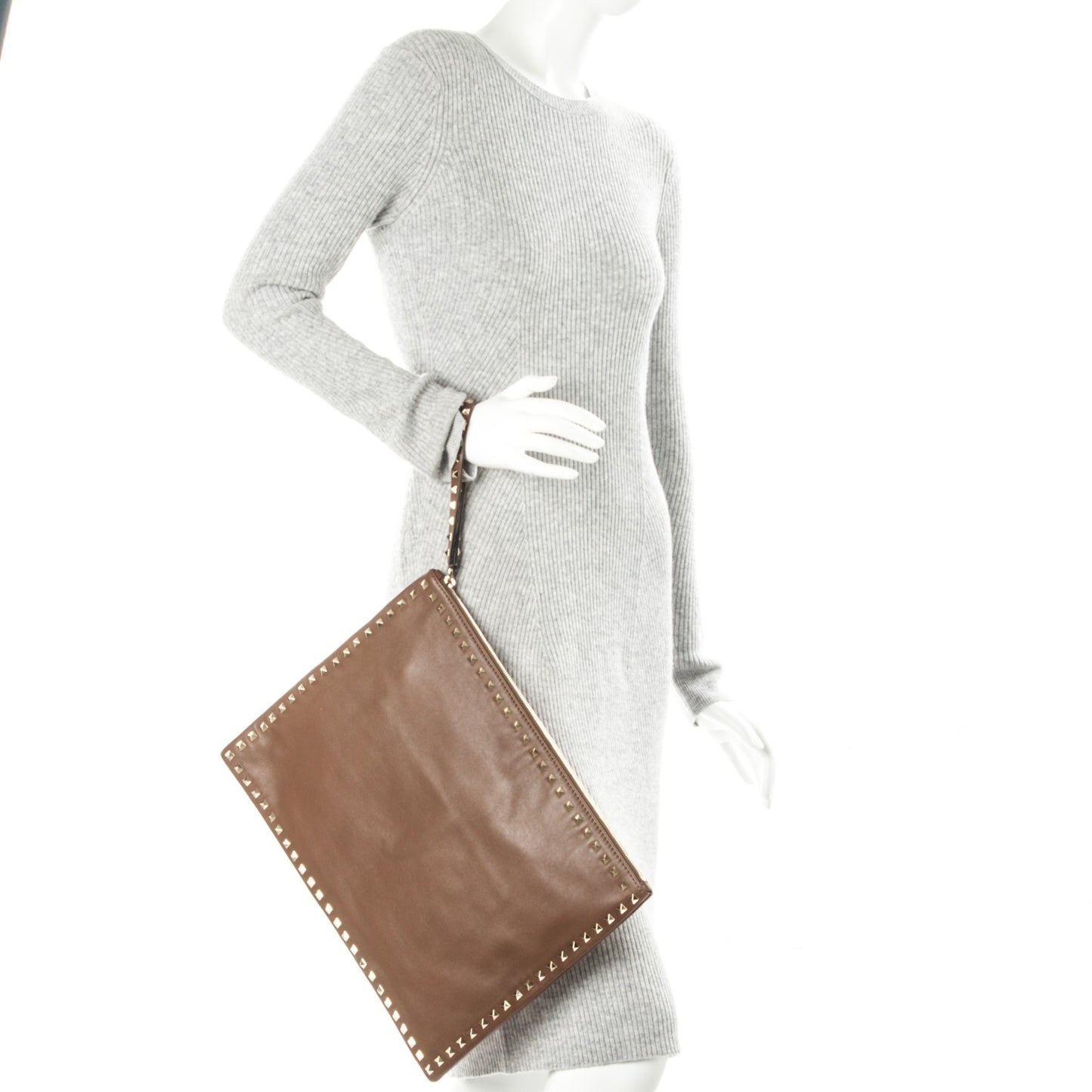 Vitello Oversized Rockstud Zip Wristlet Pouch Brownish