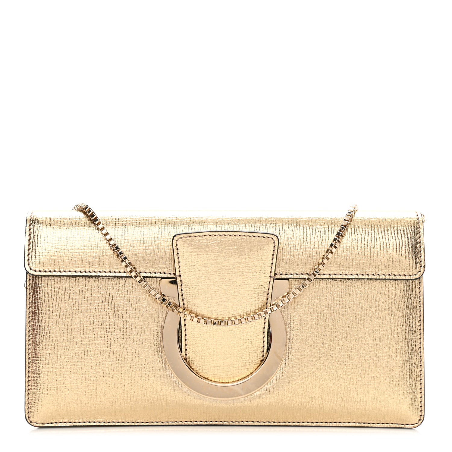Salvatore Ferragamo Metallic Hammered Calfskin Thalia Clutch With Chain Gold 1 of 6