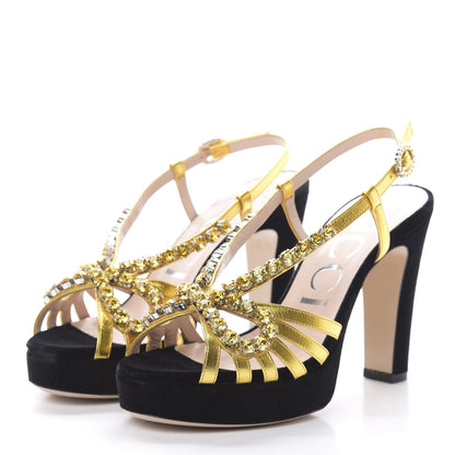Gucci Velvet Nappa Crystal Zephyra Slingback Platform High Heel Sandals 36 Black Gold 3 of 9