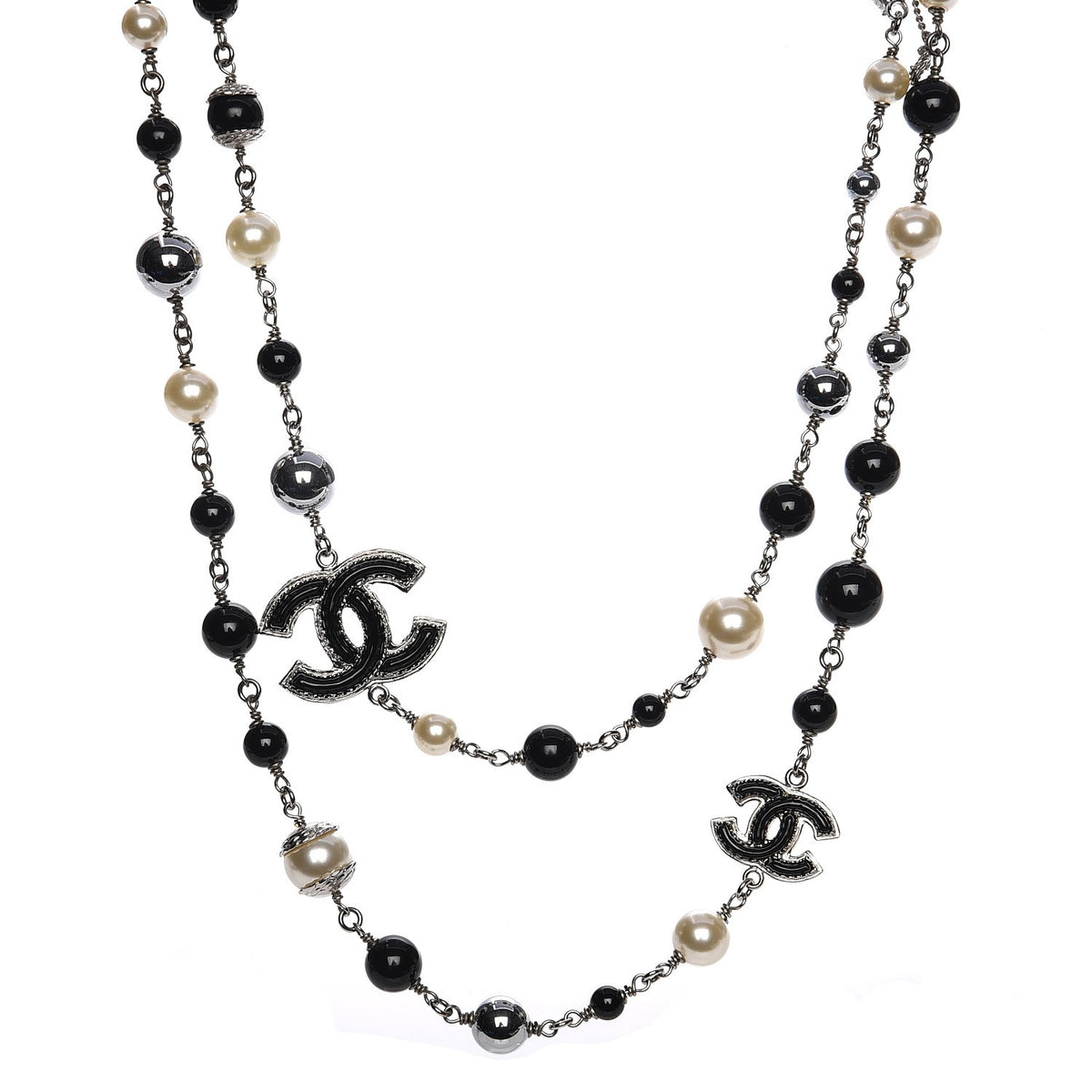 Chanel Pearl Bead Enamel CC Long Necklace Black Silver 1 of 5