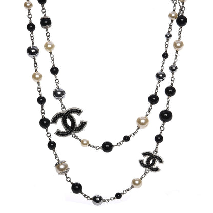 Chanel Pearl Bead Enamel CC Long Necklace Black Silver 1 of 5
