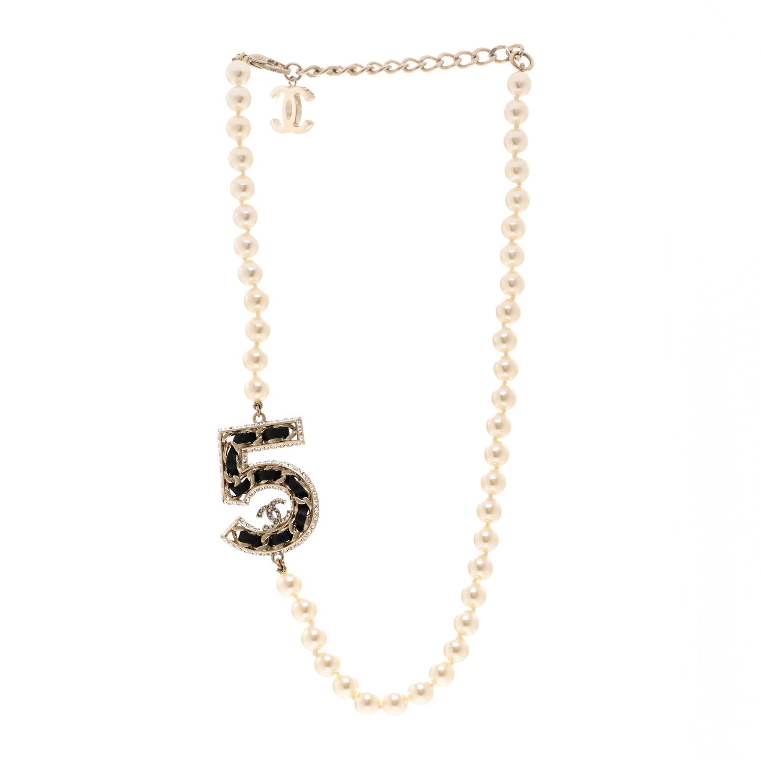 Chanel Pearl Crystal Lambskin Chain CC No 5 Short Necklace Gold 3 of 5