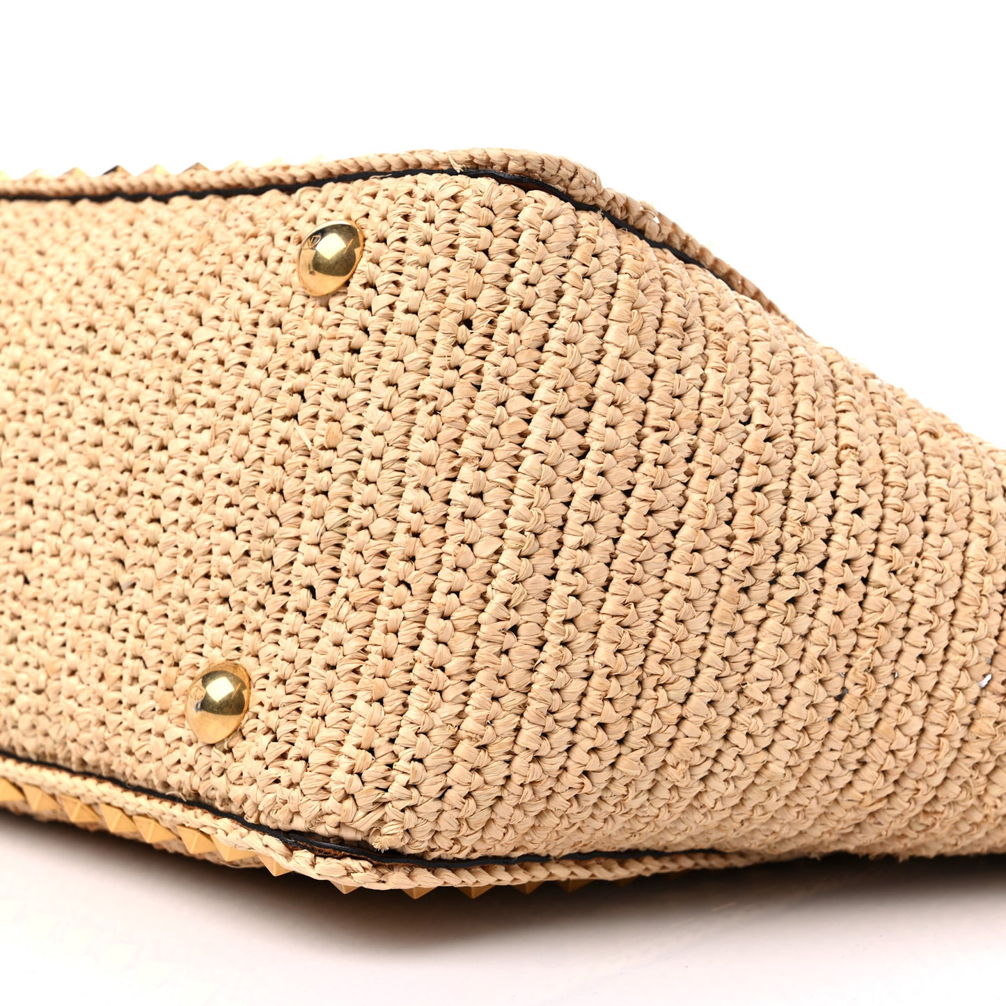 Raffia Calfskin Rockstud Tote Naturale Saddle Brown