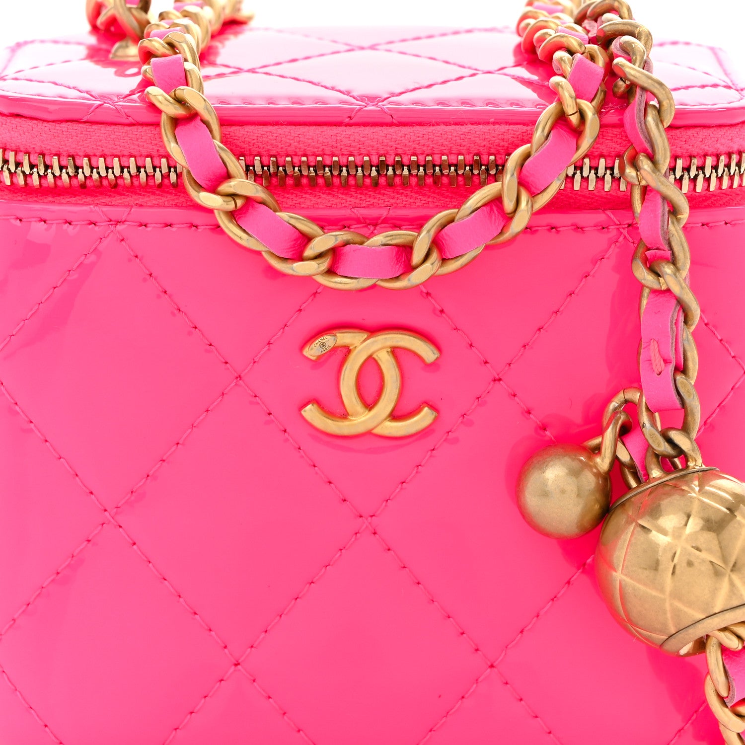 Chanel Patent Quilted Pearl Crush Mini Vanity Case With Chain Neon Pink 8 of 11