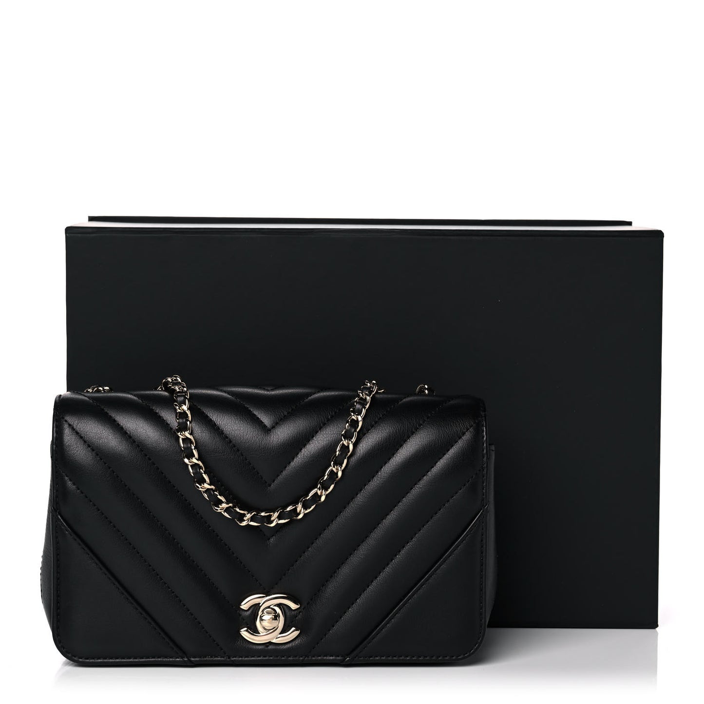 Calfskin Chevron Quilted Mini Statement Flap Black