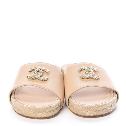 Chanel Lambskin Pearl CC Espadrille Slip On Sandals 37 Beige 2 of 8