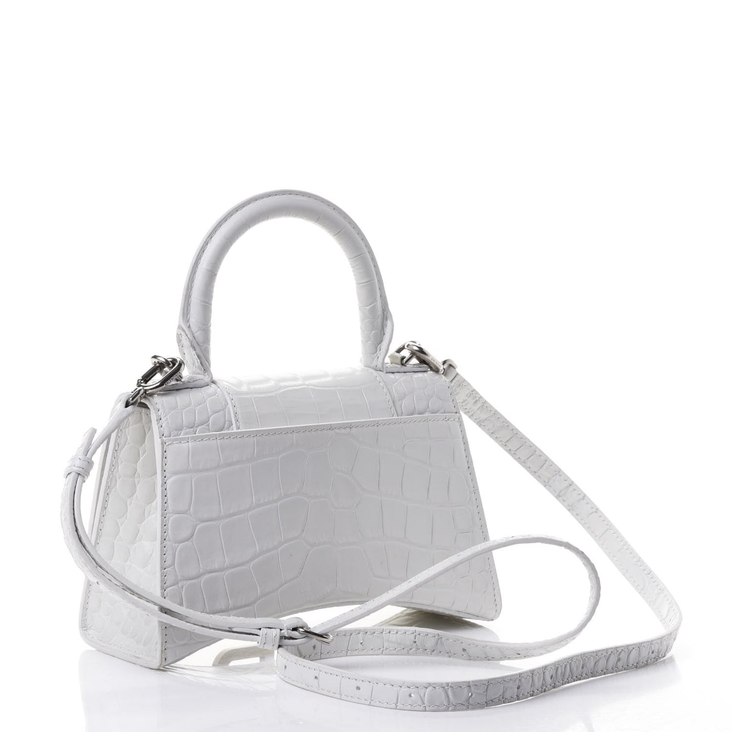 Shiny Calfskin Crocodile Embossed Hourglass Top Handle Bag XS White