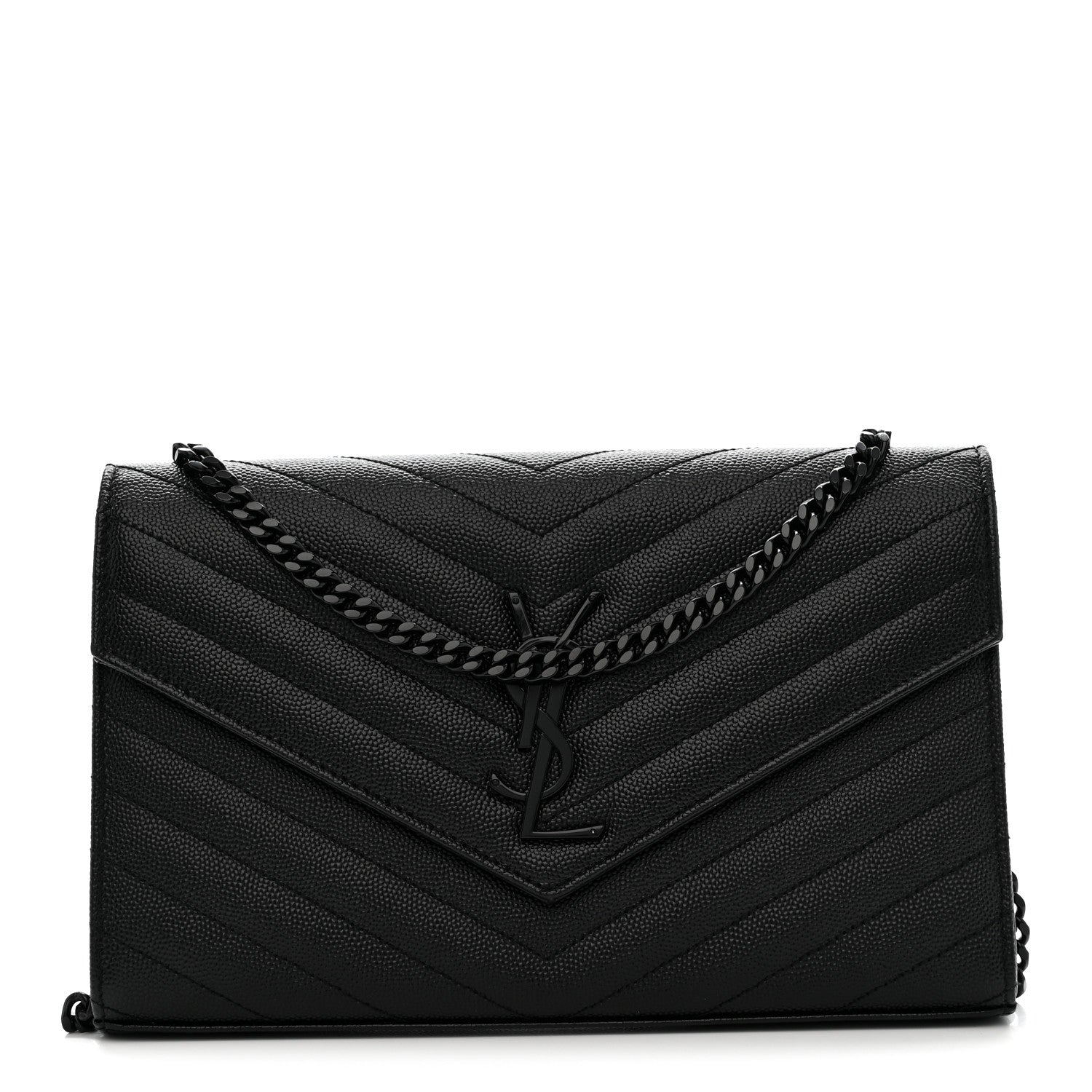 Saint Laurent Grain De Poudre Matelasse Chevron Monogram Monochrome Chain Wallet Black 1 of 10