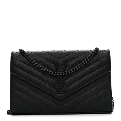 Saint Laurent Grain De Poudre Matelasse Chevron Monogram Monochrome Chain Wallet Black 1 of 10
