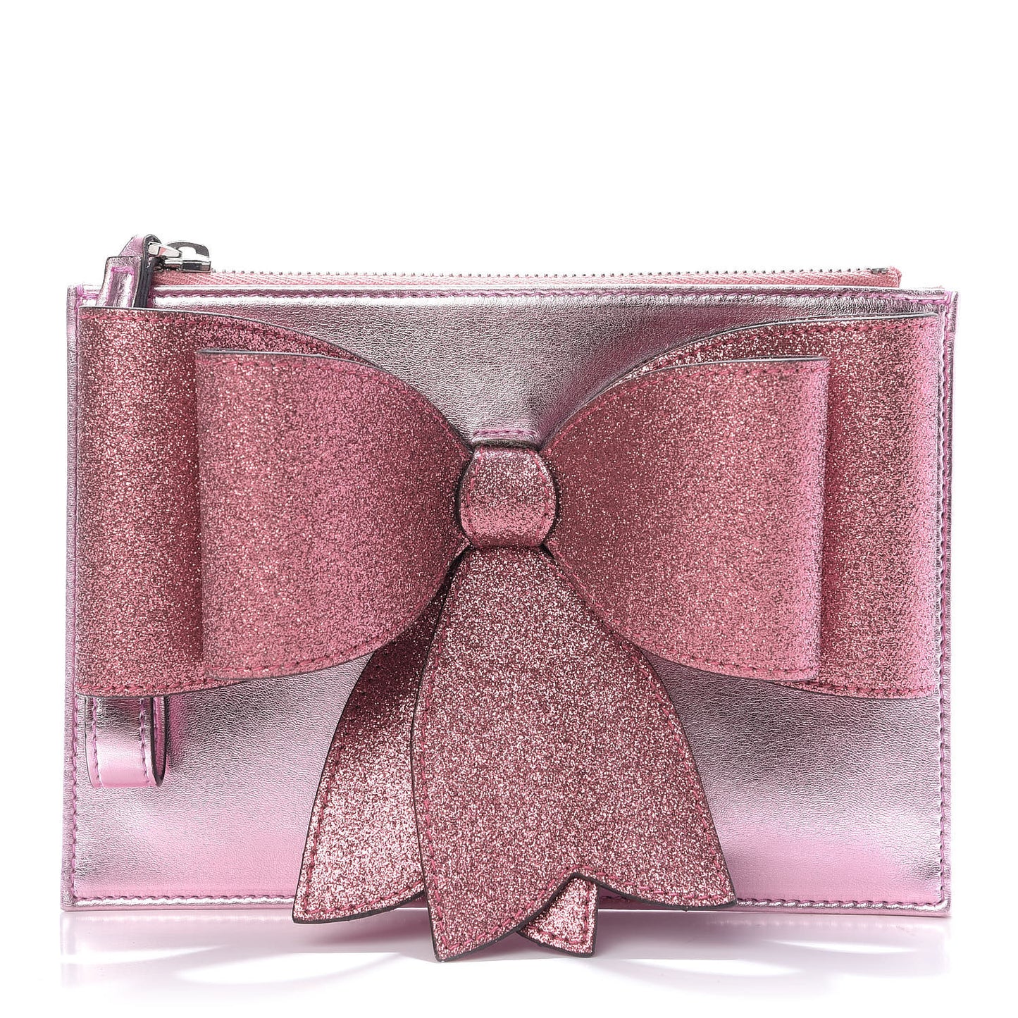 Calfskin Glitter Bow Wristlet Pink Rose