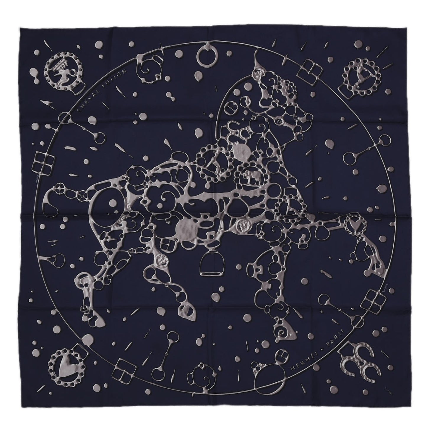 Silk Cheval Fusion Scarf 90 Marine Gris Argent