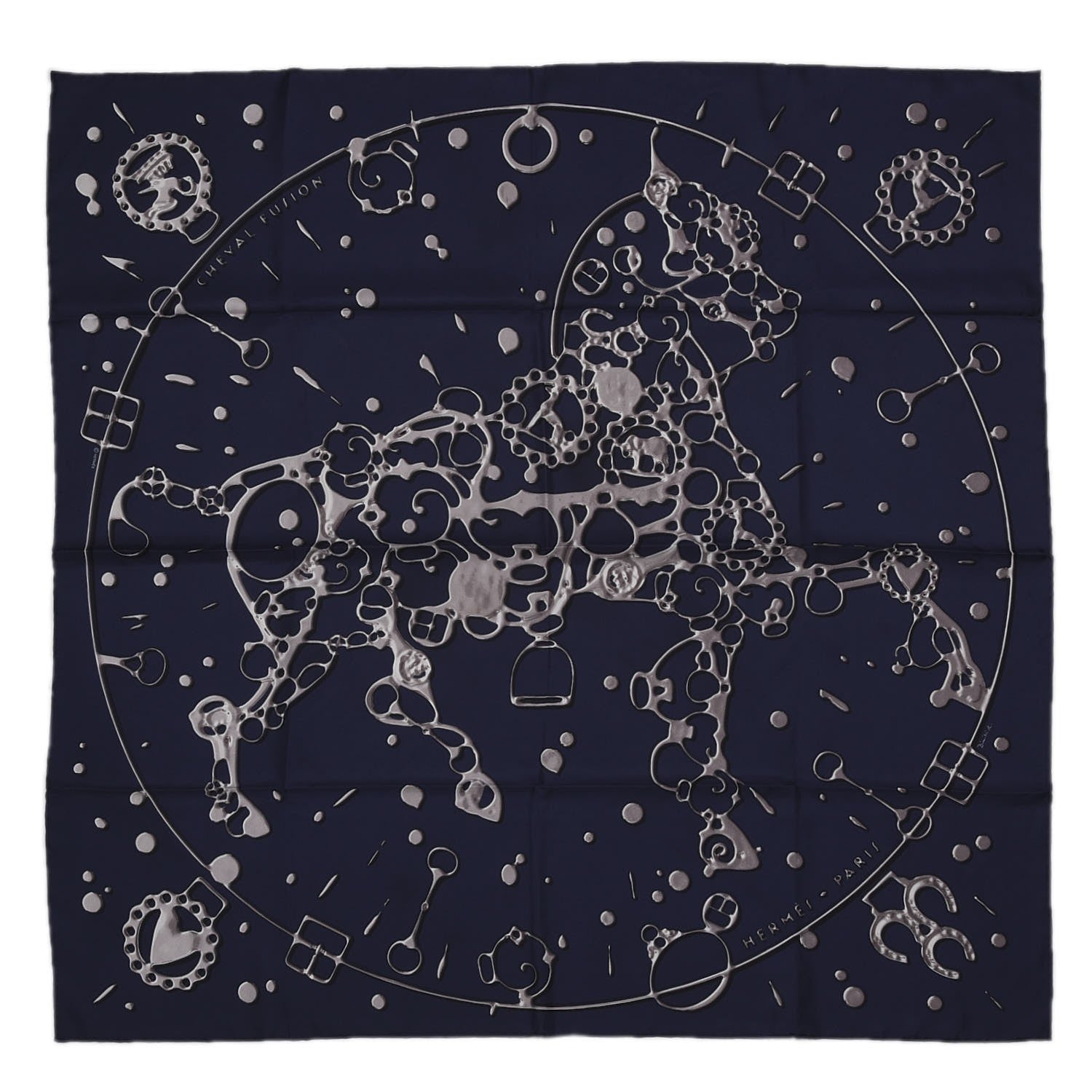 Hermes Silk Cheval Fusion Scarf 90 Marine Gris Argent 1 of 4