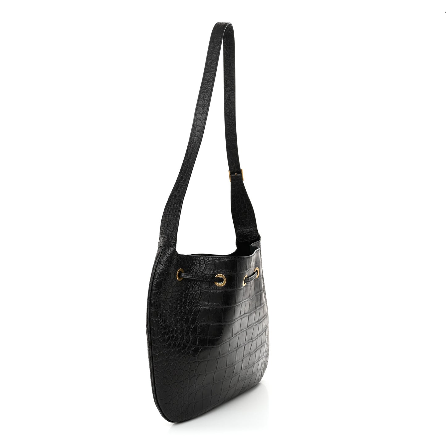 Calfskin Crocodile Embossed Paris VII Large Flat Hobo Black