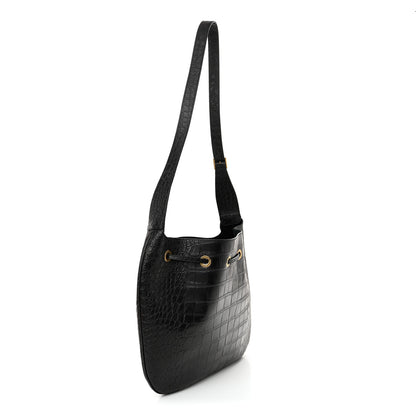 Saint Laurent Calfskin Crocodile Embossed Paris VII Large Flat Hobo Black 4 of 11