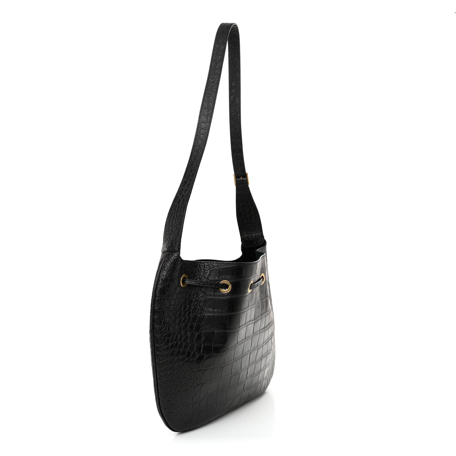 Saint Laurent Calfskin Crocodile Embossed Paris VII Large Flat Hobo Black 4 of 11