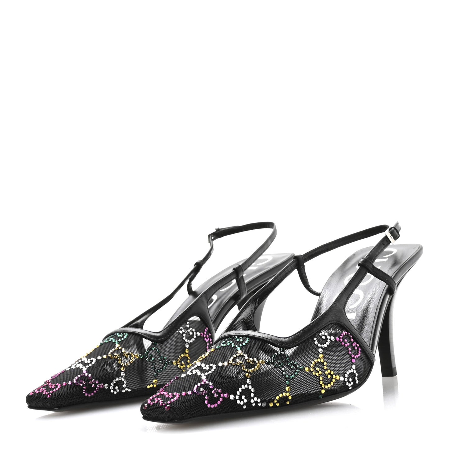 Tela Retino Nappa Charlotte Crystal GG Monogram Square G 75mm Slingback Pumps 39.5 Black