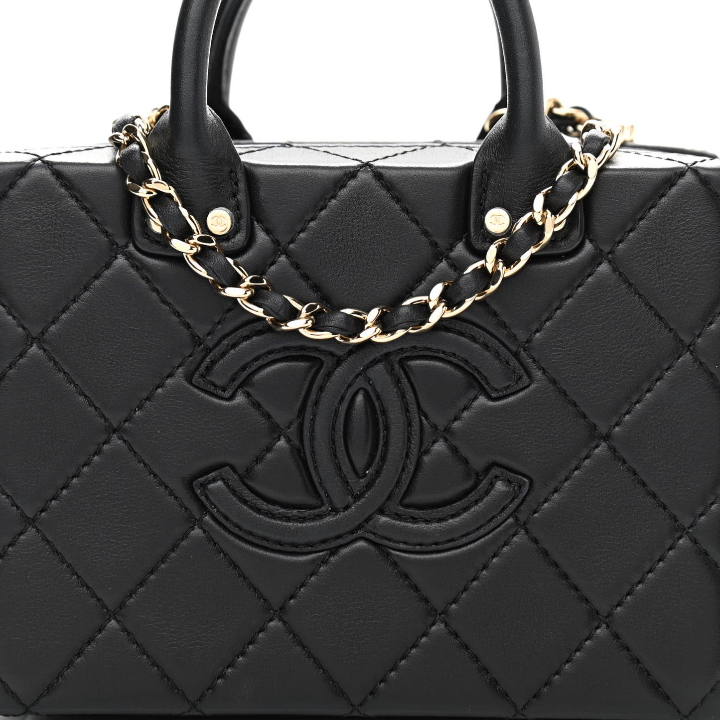 Calfskin Quilted Small Studded Square Vanity Case Black