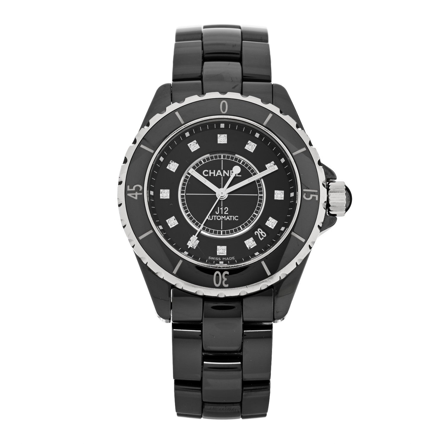 Chanel Stainless Steel Ceramic Diamond 38mm J12 Automatic Watch Black 1 of 5