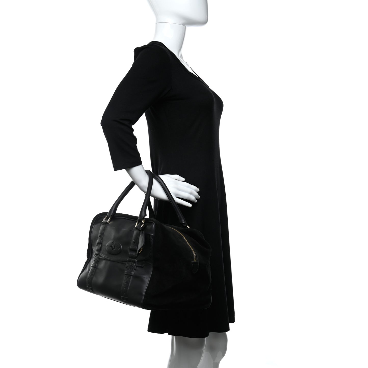 Calfskin Suede Maisie Clipper Satchel Black