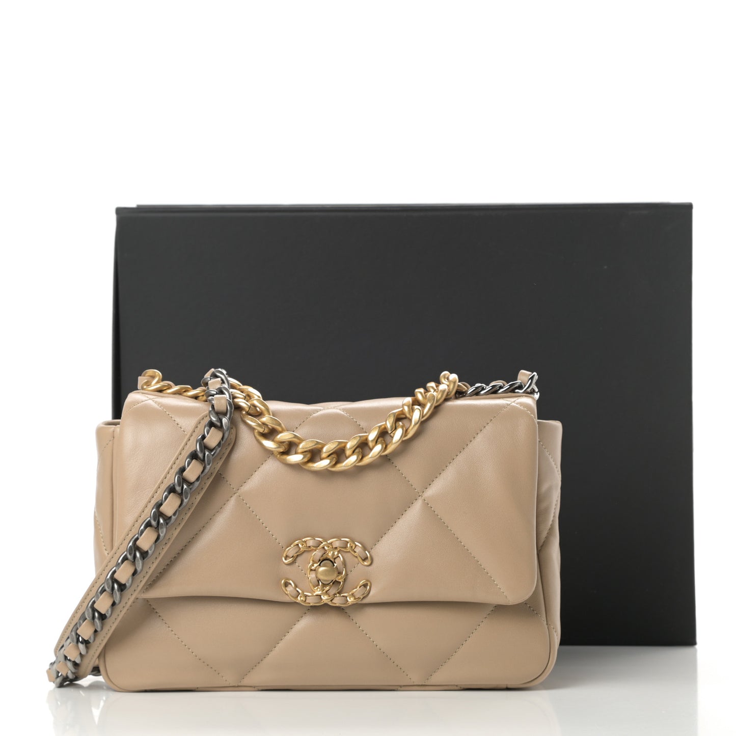 Lambskin Quilted Medium Chanel 19 Flap Dark Beige