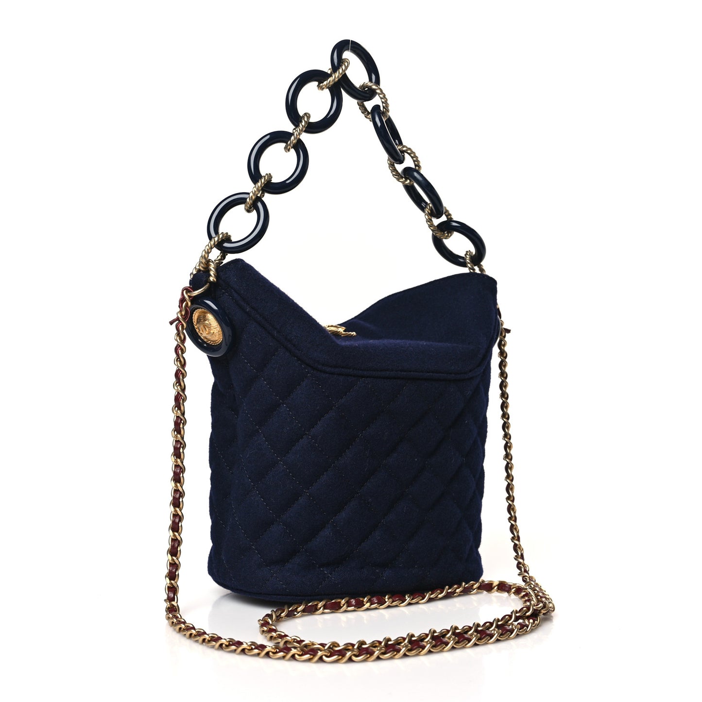 Wool Lambskin Quilted Paris Hamburg Charms Bucket Bag Dark Navy