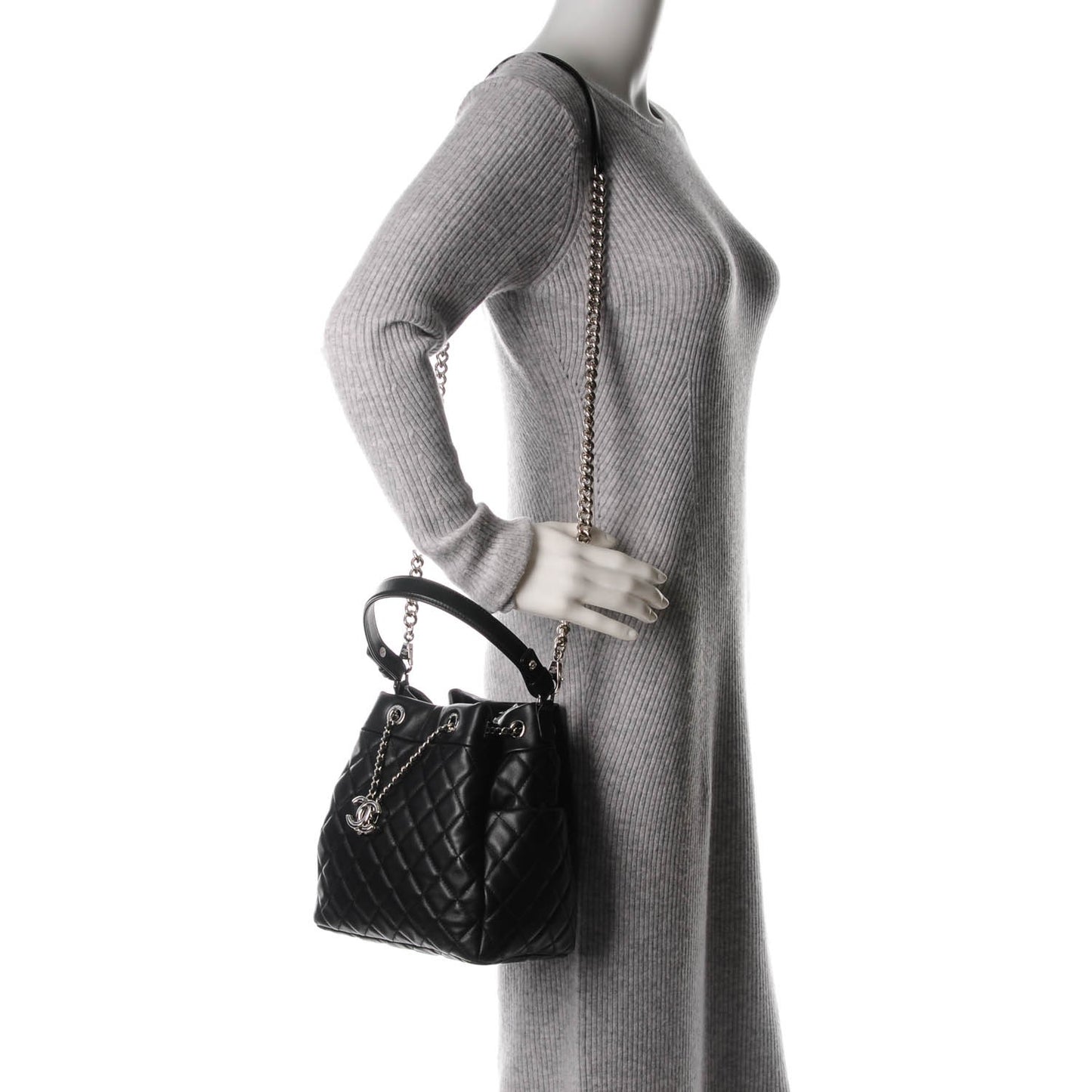 Lambskin Quilted Small CC Chain Drawstring Tote Black