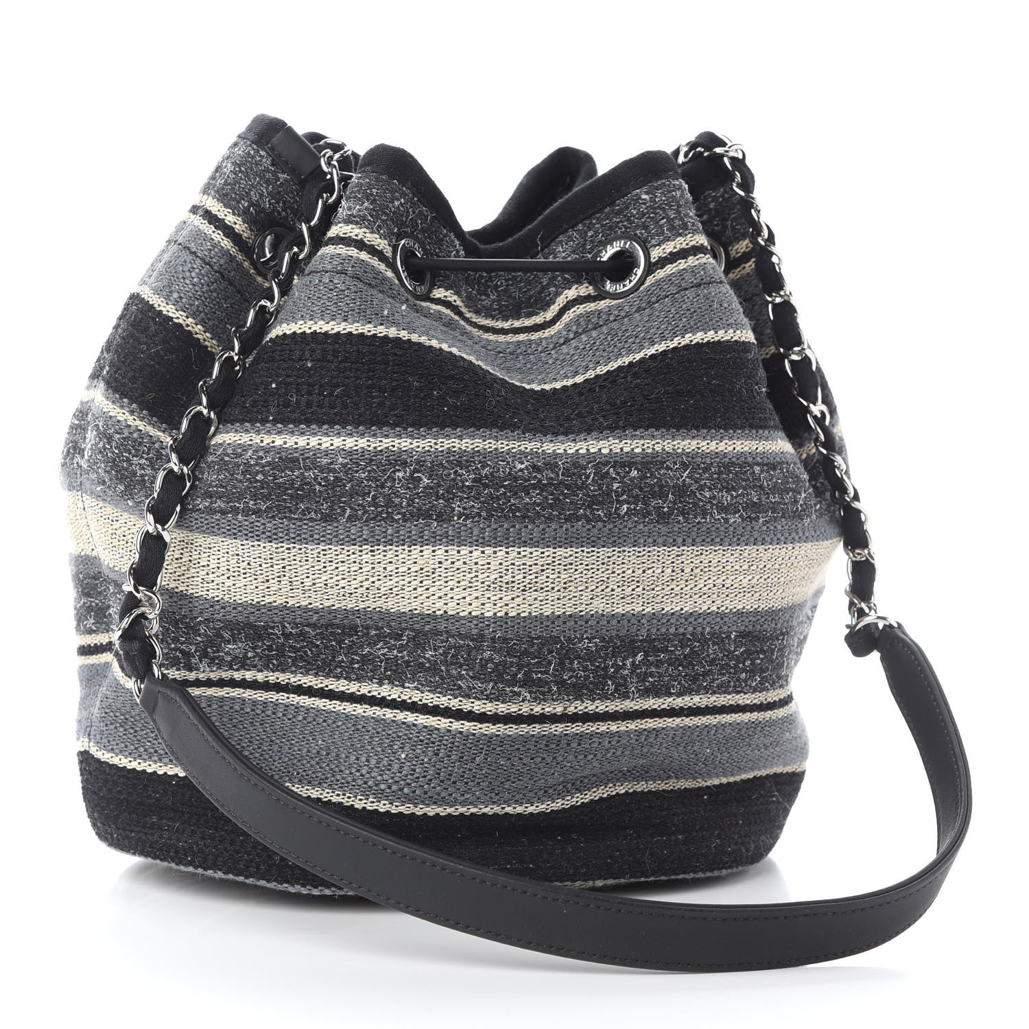 Chanel Striped Canvas Deauville Drawstring Bag Grey Black 3 of 9