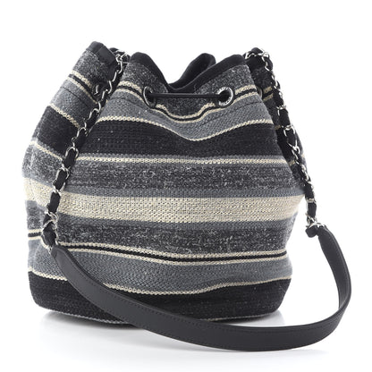 Chanel Striped Canvas Deauville Drawstring Bag Grey Black 3 of 9