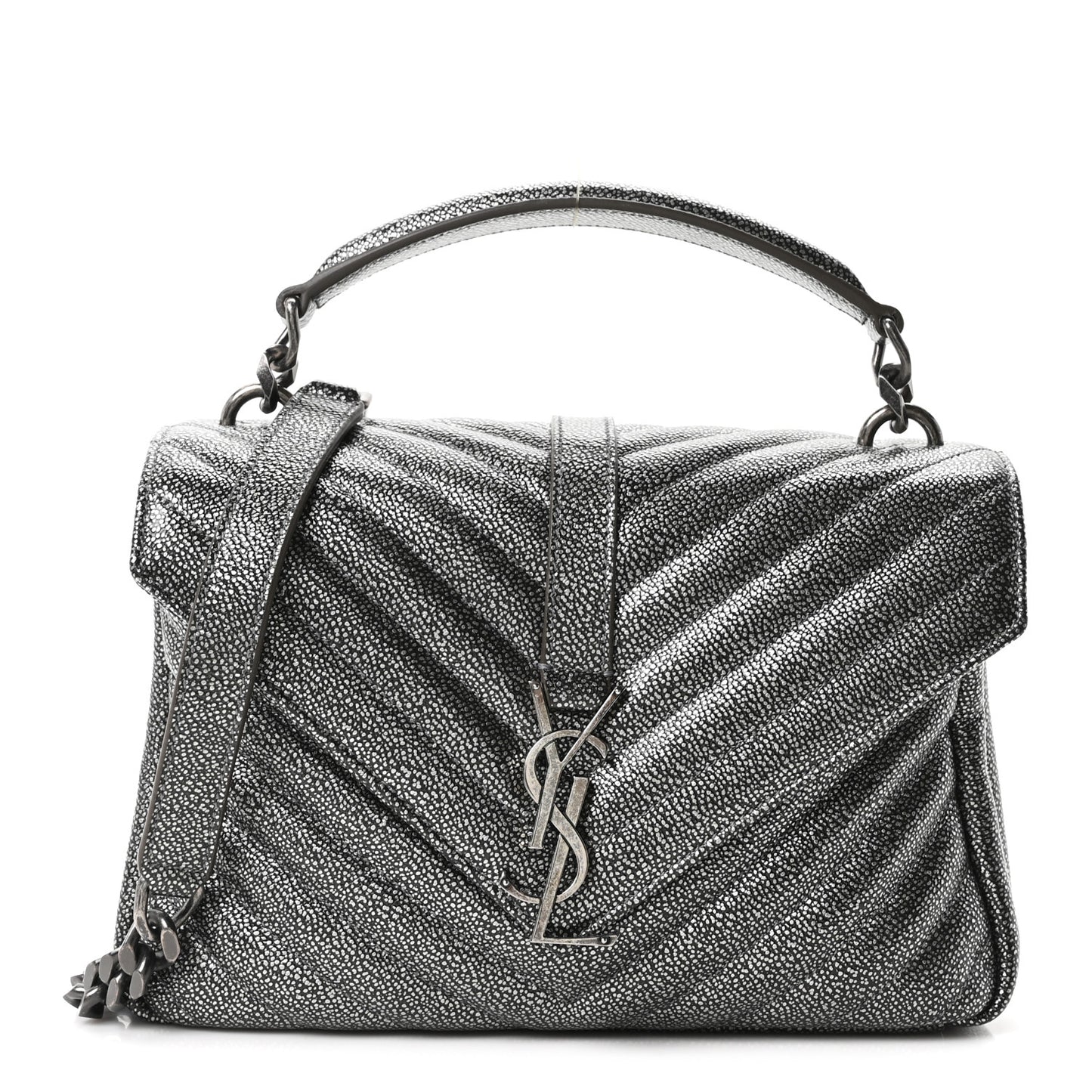 Metallic Grain De Poudre Matelasse Chevron Monogram Medium College Bag Gunmetal