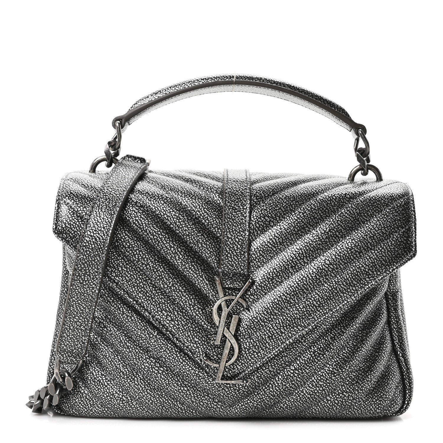 Saint Laurent Metallic Grain De Poudre Matelasse Chevron Monogram Medium College Bag Gunmetal 1 of 10