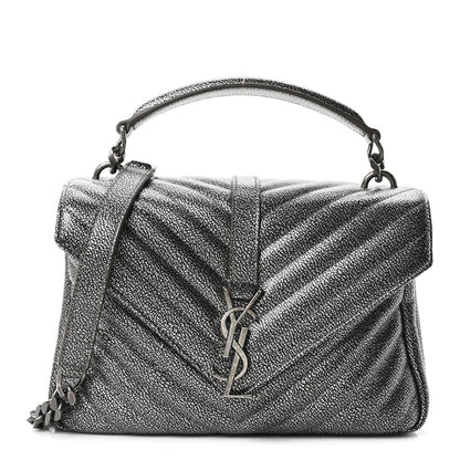 Saint Laurent Metallic Grain De Poudre Matelasse Chevron Monogram Medium College Bag Gunmetal 1 of 10