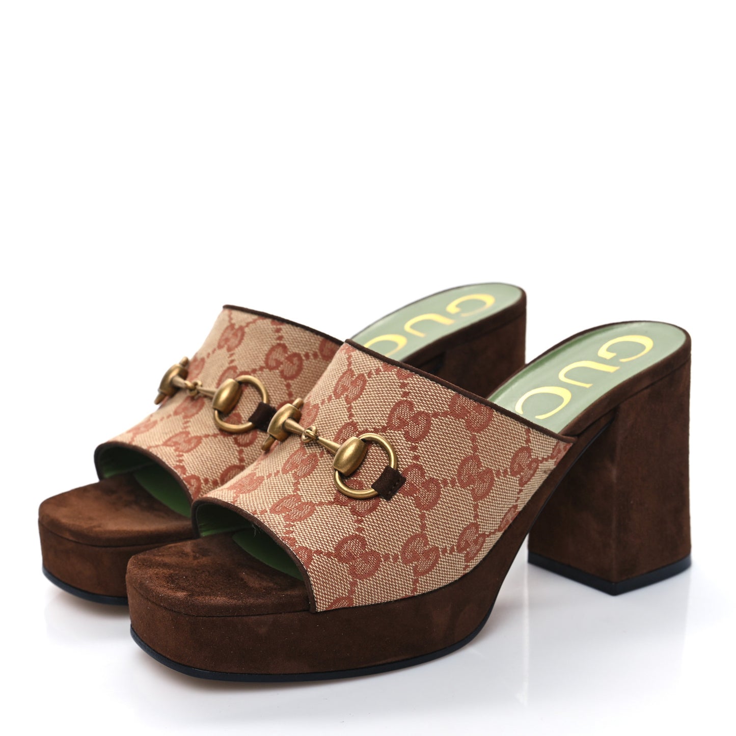 GG Monogram Kid Scamosciato Houdan Mid Heel Platform Slide Sandals 37.5 Beige Ruggine Maroon