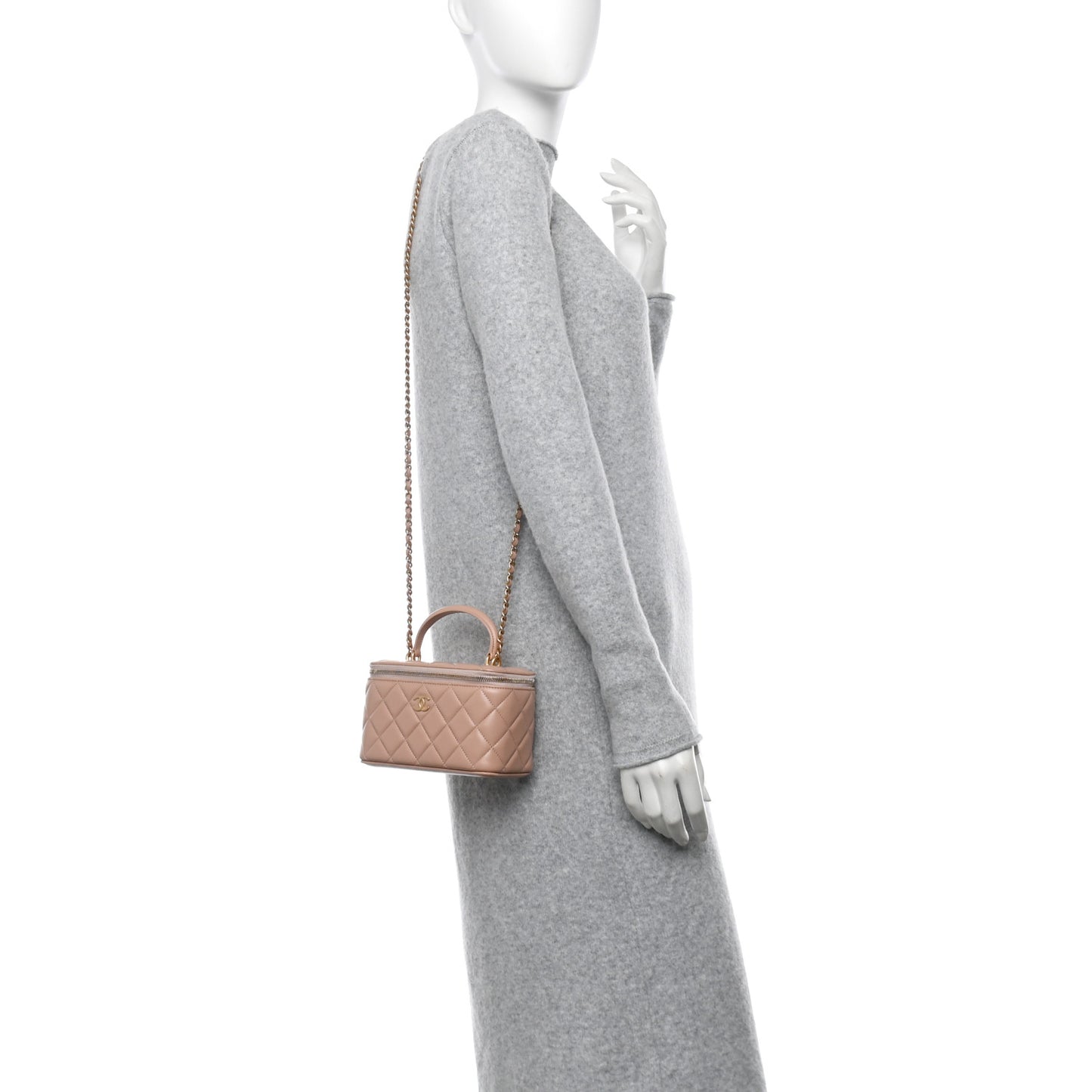 Lambskin Quilted Small Top Handle Vanity Case With Chain Beige