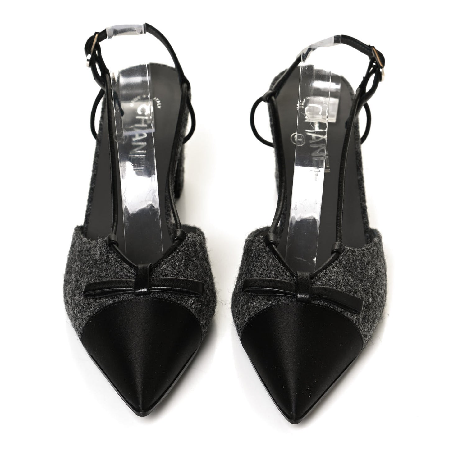 Tweed Satin Slingback Cap Toe Bow Pumps 39.5 Grey Black