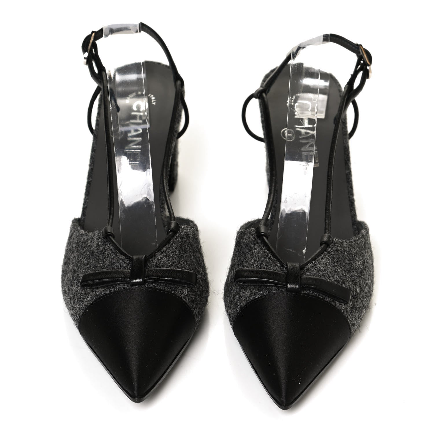 Chanel Tweed Satin Slingback Cap Toe Bow Pumps 39.5 Grey Black 5 of 11