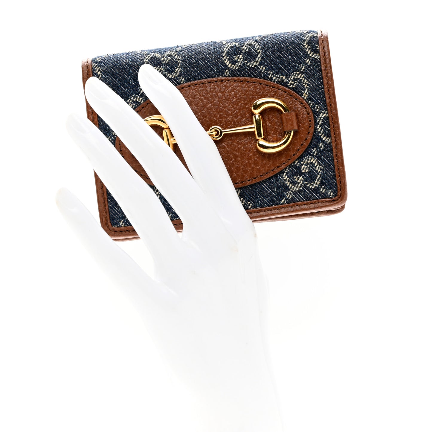 New Denim GG Monogram Dollar Calfskin Horsebit 1955 Card Case Wallet Blue Tea Cuir Epilog